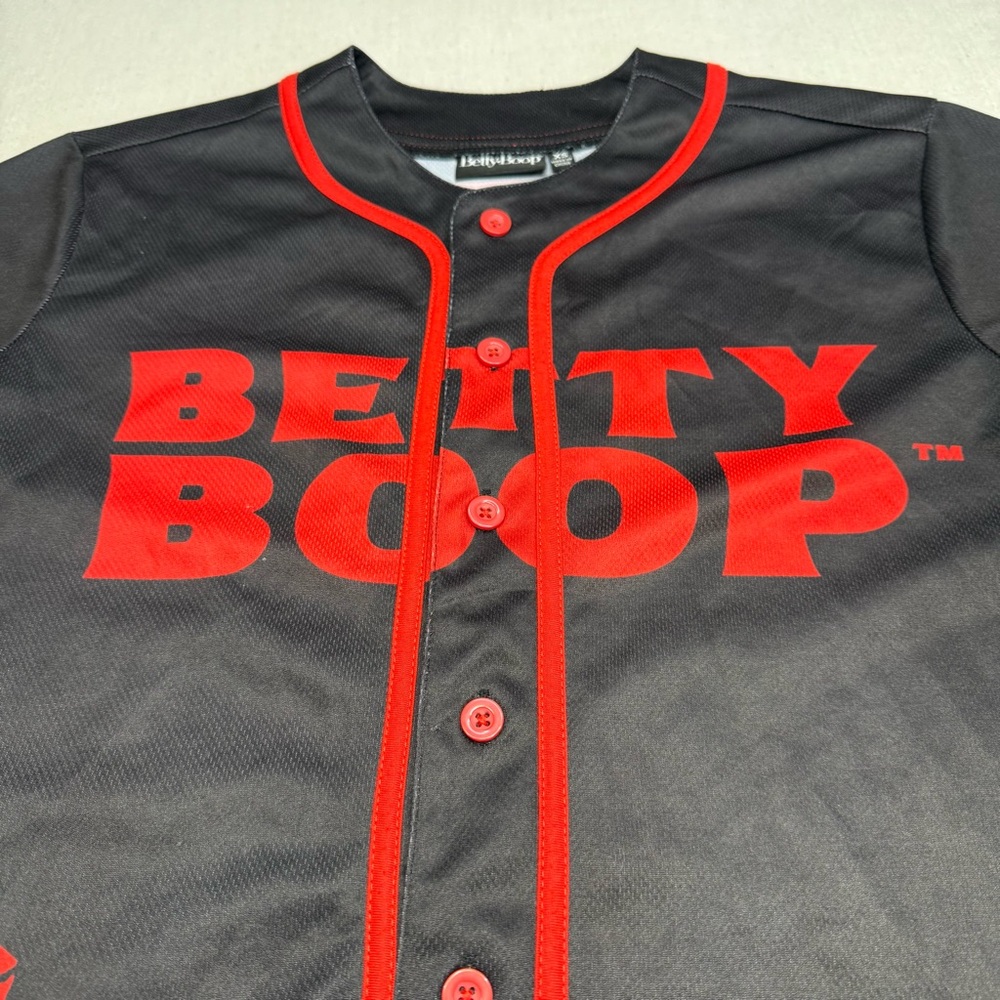 Betty Boop Baseball Jersey Womens Black Red Cartoon Graphic Button Front Size XS - Picture 3 of 11